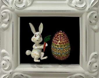Framed Vintage Jewelry Artwork of Easter Bunny and Easter Egg/Original/Handmade