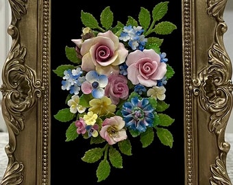 Framed Art Porcelain Fine China Flowers Bouquet from Vintage Costume Jewelry/Original/Handmade