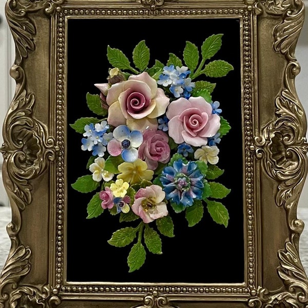 Framed Art Porcelain Fine China Flowers Bouquet from Vintage Costume Jewelry/Original/Handmade
