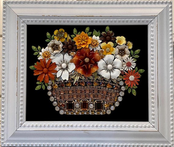 Vintage Enamel Jewelry Framed Flower Basket