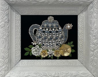 Handmade Unique Tea Pot with flowers Framed Art from Vintage Jewelry