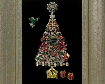 Vintage kostuum sieraden ingelijste kunst kerstboom