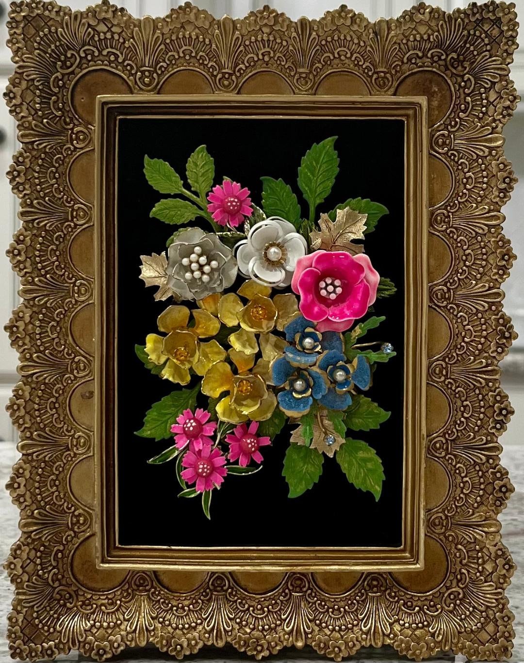 Framed Art Flower Bouquet With Enamel Flowers/handmade With Vintage