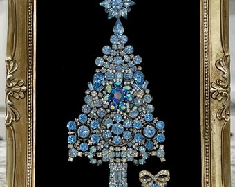 Framed Artwork light blue Christmas Tree with Vintage Jewelry Handmade