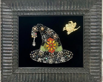 Vintage Jewelry Framed Fall Art Witches Hat/original/handmade