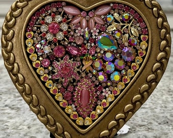 Framed Heart Art /Handmade with Vintage Jewelry/Original/Breast Cancer Awareness