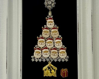 Vintage Costume Jewelry Framed Art Santa Christmas Tree