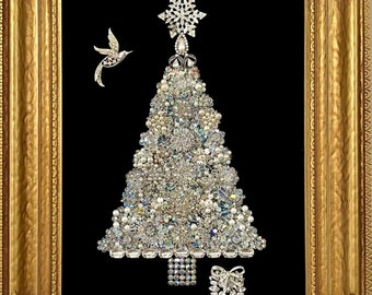 Framed Original Vintage Jewelry Artwork aurora borealis cluster earrings Christmas Tree