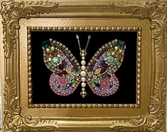 Vintage Glass Rhinestone Jewelry Framed Art of Butterfly Original/Handmade