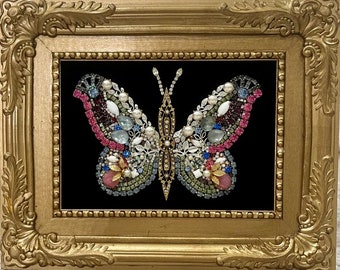 Vintage Glass Rhinestone Jewelry Framed Art of Butterfly Original/Handmade