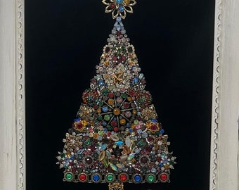 Framed Elegant Christmas Tree with Vintage Costume Jewelry Handmade