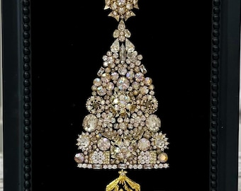 Framed Artwork Christmas Tree with Vintage Glass Rhinestone Jewelry /Handmade