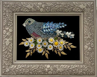 Vintage Jewelry Framed Art of Blue Bird in nest of flowers