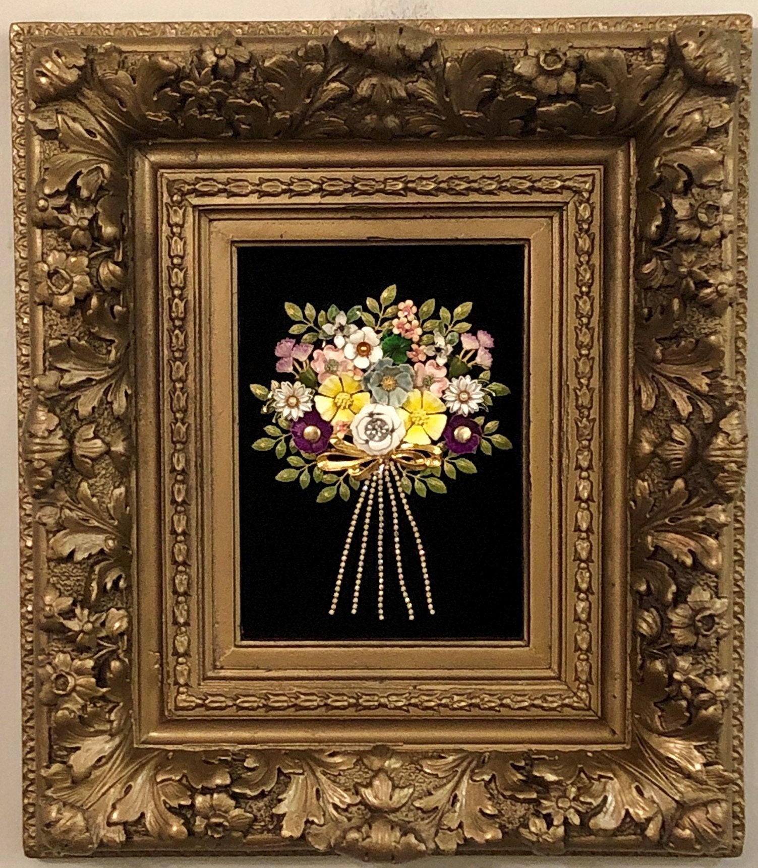 Beautiful framed vintage jewelry bouquet in Bakelite brooch vase mosaic wall art antique heirloom