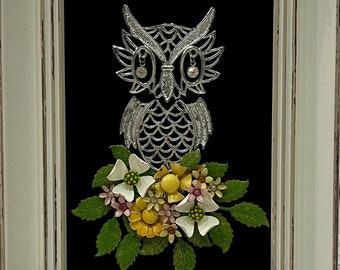 Vintage Jewelry Framed Art Owl with Flowers