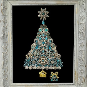 Framed Vintage Jewelry Glass Rhinestones Teal Christmas Tree