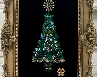 Framed Artwork Green Christmas Tree with Vintage Jewelry Handmade