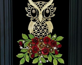 Vintage Jewelry Framed Art Owl with Flowers