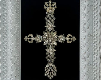 Framed Cross / Handmade with Vintage Costume Jewelry