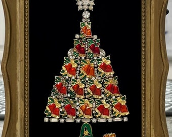 Vintage Costume Jewelry Framed Art Bells Christmas Tree