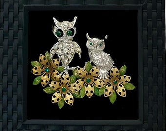 Vintage/ Costume Jewelry Framed Owls with Flower Art