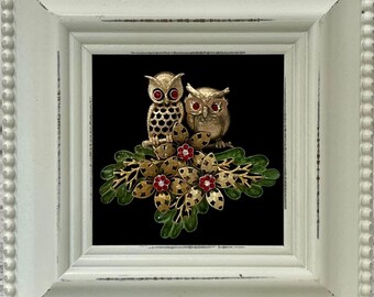 Vintage/ Costume Jewelry Framed Owls with Flower Art