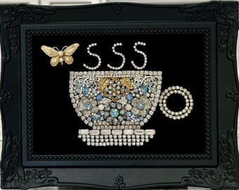 Handmade Unique Coffee Cup Framed Art from Vintage glass rhinestone Jewelry