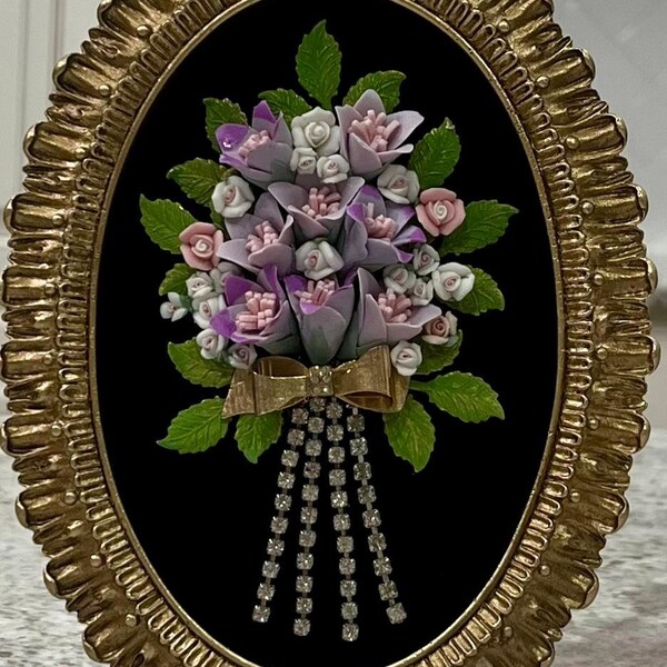 Framed Art Porcelain Cabochons Flowers/ Handmade with Vintage Jewelry