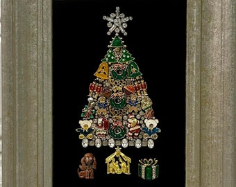 Vintage Costume Jewelry Framed Art Christmas Tree with Dog