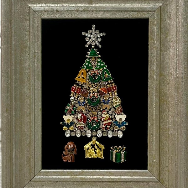 Vintage Costume Jewelry Framed Art Christmas Tree with Dog