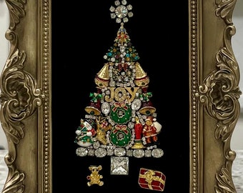 Vintage Costume Jewelry Framed Art Christmas Tree