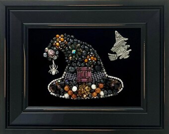 Vintage Jewelry Framed Fall Art Witches Hat/original/handmade