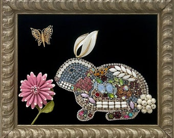 Original Bunny Rabbit Framed Art from Vintage Jewelry