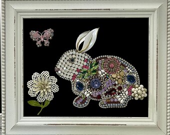 Original Bunny Rabbit Framed Art from Vintage Jewelry