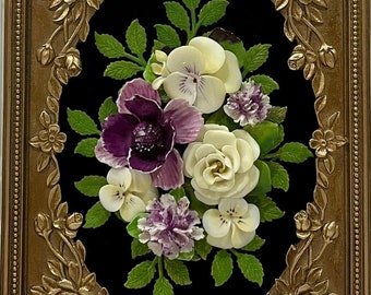 Framed Art Porcelain Fine China Flowers Bouquet from Vintage Costume Jewelry/Original/Handmade