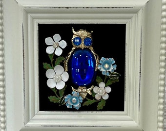 Vintage/ Costume Jewelry Framed Owl with Flower Art