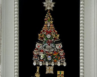 Vintage Costume Jewelry Framed Art Christmas Tree with Cat