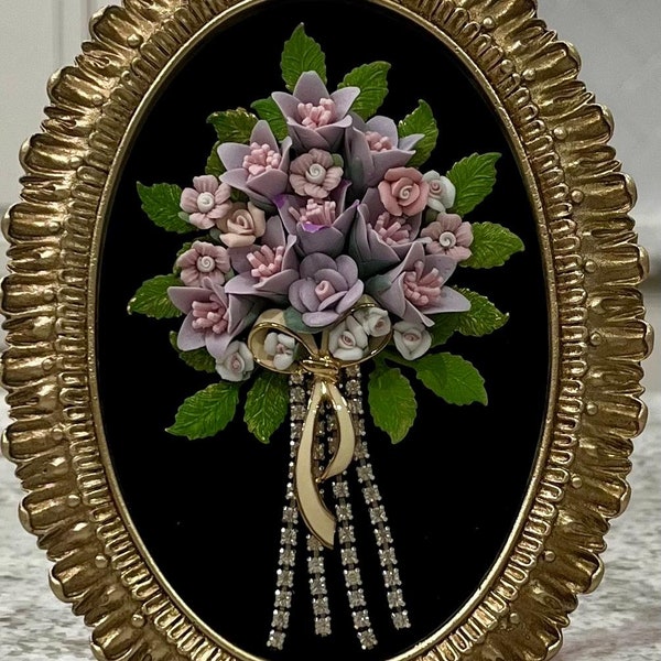 Framed Art Porcelain Cabochons Flowers/ Handmade with Vintage Jewelry