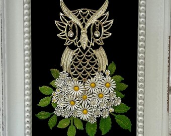 Vintage Jewelry Framed Art Owl with Flowers