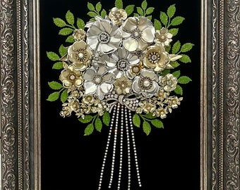 Framed Art Flower Bouquet Handmade with Vintage/Costume Jewelry/Modern Farmhouse