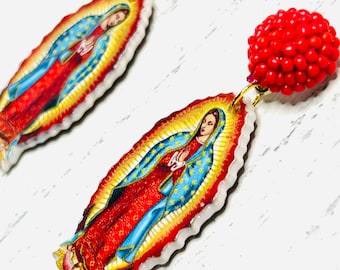 kitsch charm Lady of Guadalupe earrings, red earrings, beaded stud