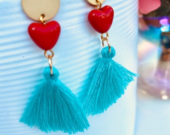 Turquoise tassel red heart quirky, colour pop & turquoise tassel earrings