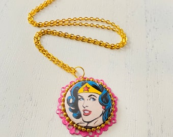 Wonder Woman Badge pendant, repurposed necklace,