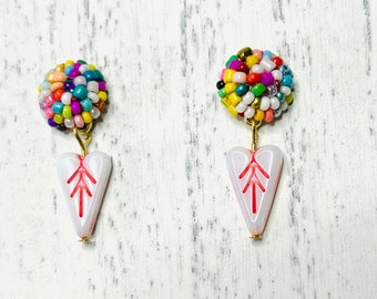 Folk art Heart earrings, beaded studs, rainbow drops