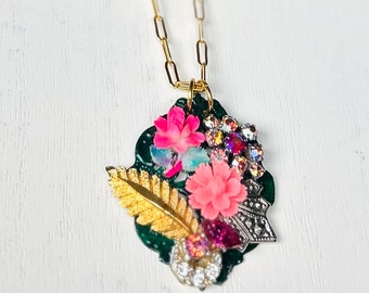 Kitsch vintage necklace, collage quirky, statement necklace, Upcycled necklace, repurposed, pre loved, Japanese flower