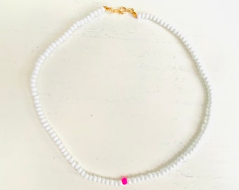 Seed bead white necklace, choker hot pink neon 16” handmade, colour block