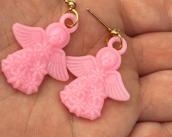 Retro pink angel earrings, resin earrings, 50s style, statement earrings, quirky earrings, quirky jewellery, Christmas kitsch