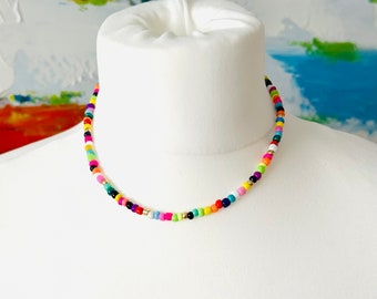 Seed bead multicoloured necklace, choker rainbow 16” handmade