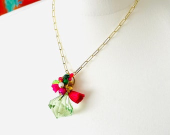 Chunky acrylic crystal green funky pendant charm quirky statement necklace, green and pink