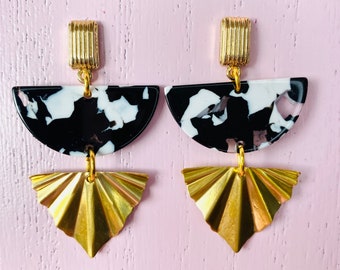 Brass fan & resin earrings, black white resin, geometric gift present, retro stylish
